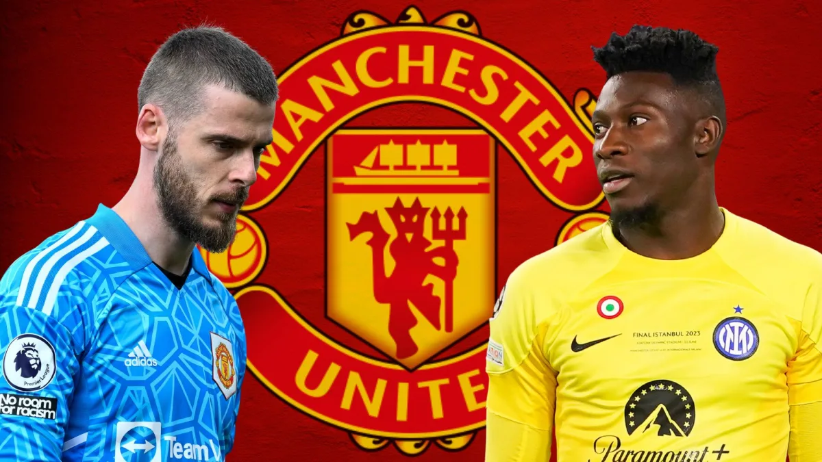 David de Gea and Andre Onana with the Manchester United badge, on a red abstract background