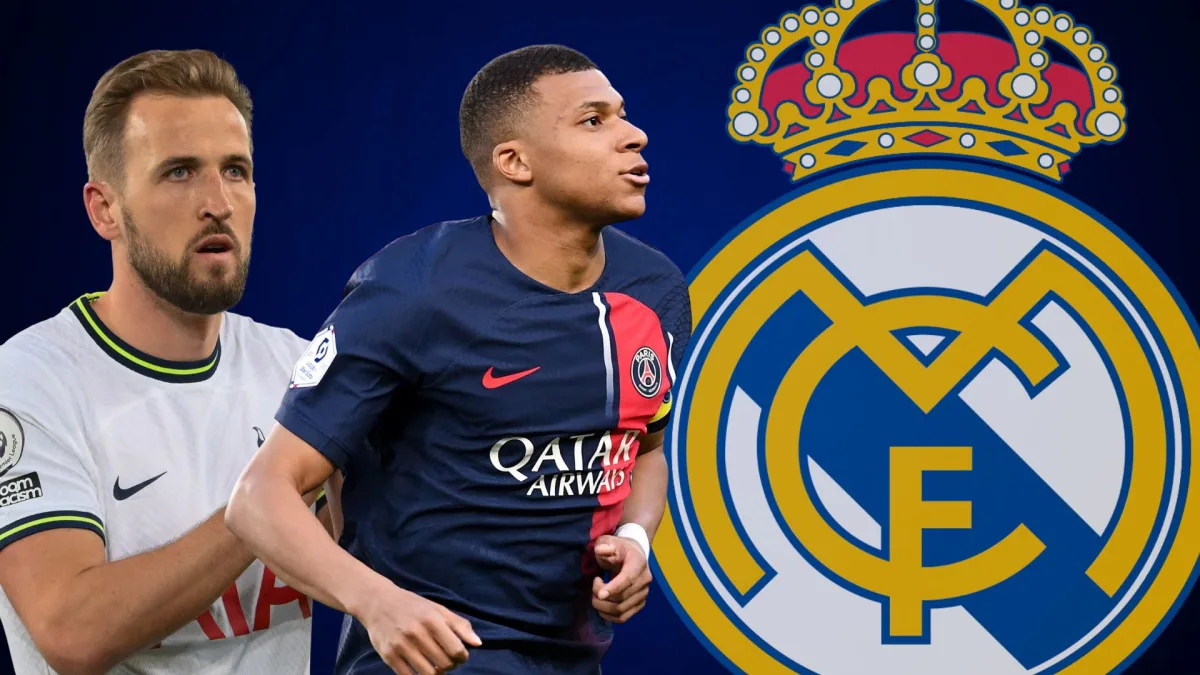 Harry Kane and Kylian Mbappe next to the Real Madrid badge, set against a dark blue background