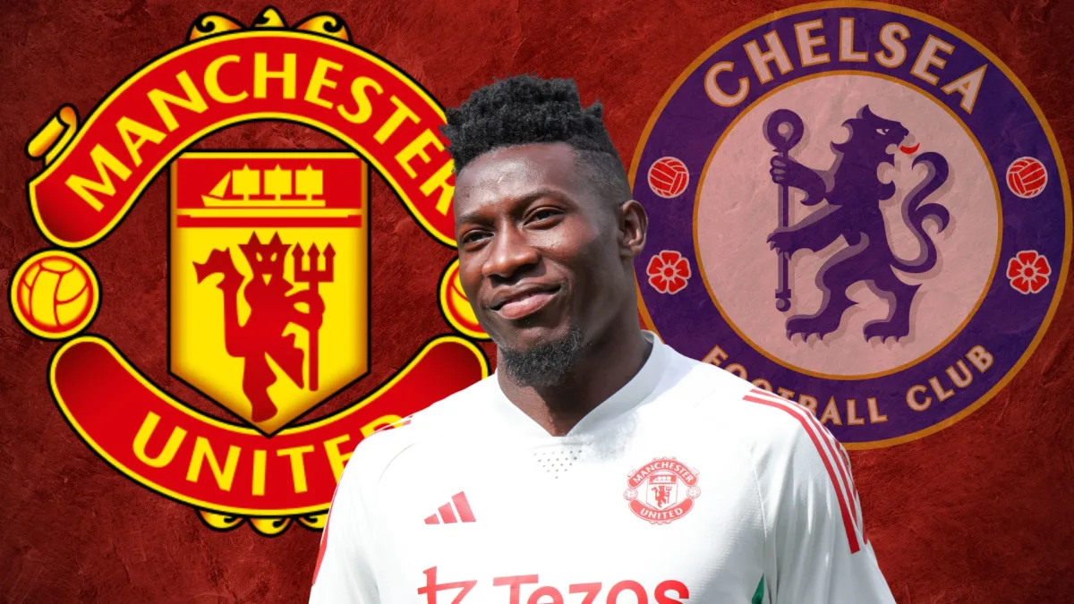 Andre Onana, the Manchester United and Chelsea badges on a red abstract background