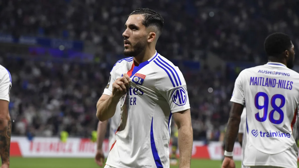 Lyon's Rayan Cherki celebrates scoring against Man Utd in the Europa League, 2024/25
