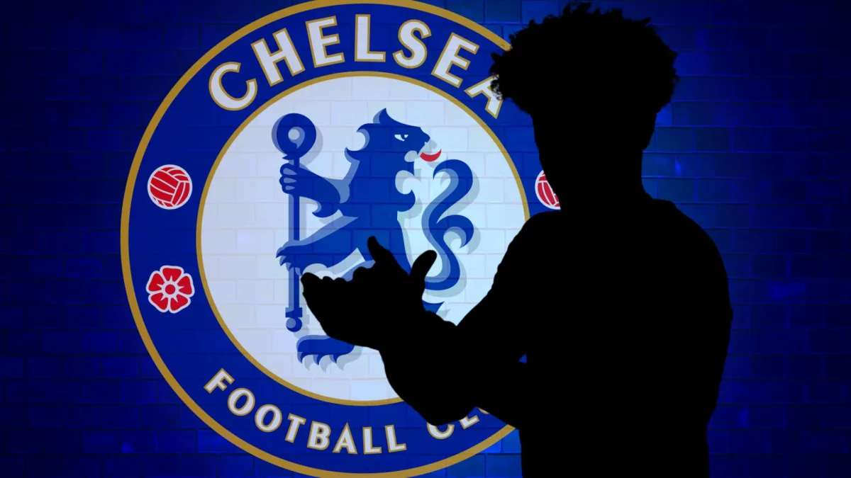 A silhouette of Tyler Adams, and the Chelsea badge, on a blue brick wall background