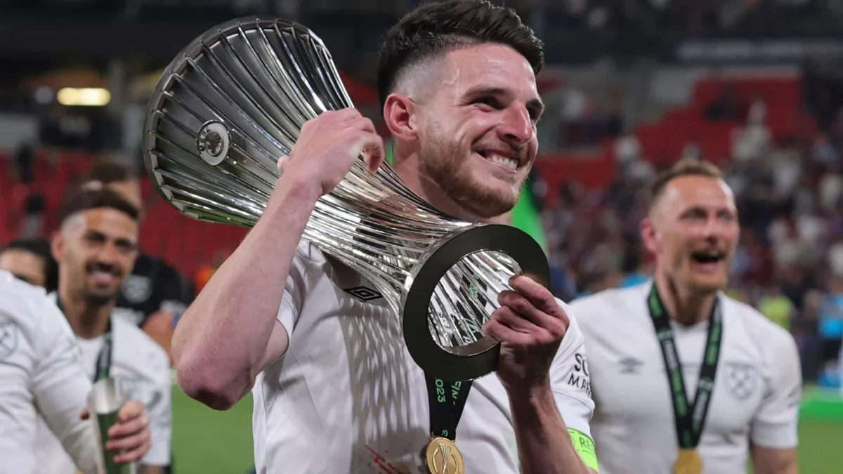 Declan Rice with the UEFA Europa Conference League trophy