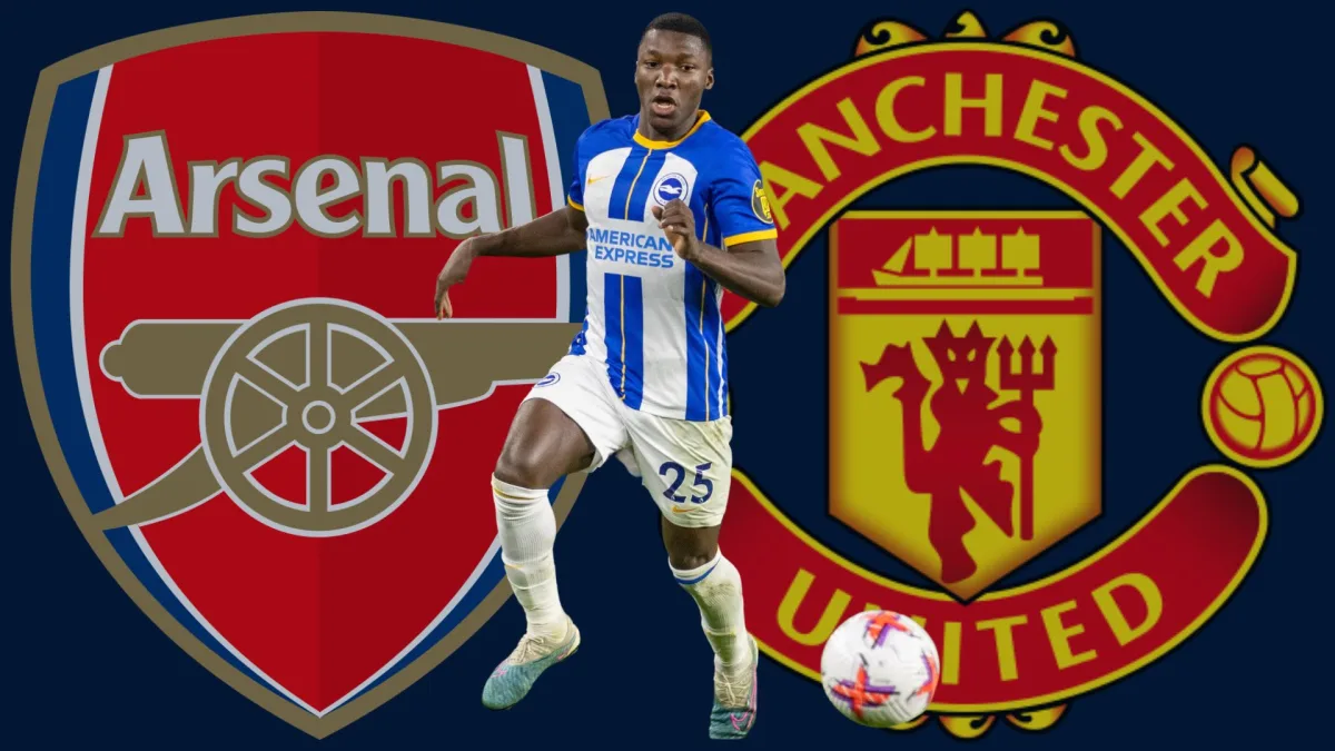 Brighton player Moises Caicedo with the Arsenal and Manchester United badges