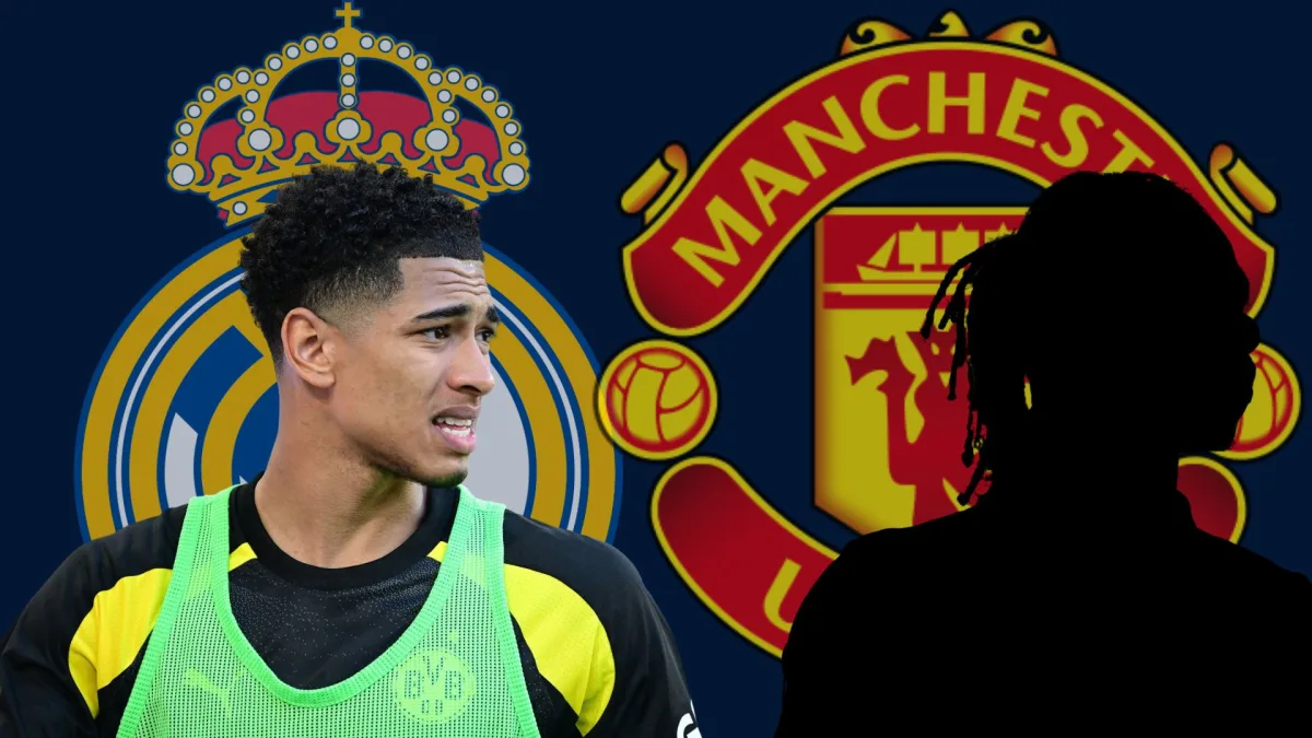 Jude Bellingham and a black silhouette of Eduardo Camavinga, over the Real Madrid and Manchester United badges