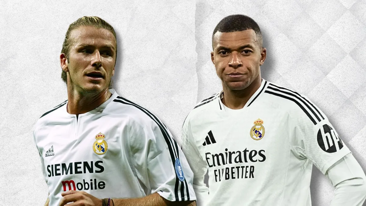 Kylian Mbappe and David Beckham in Real Madrid kits