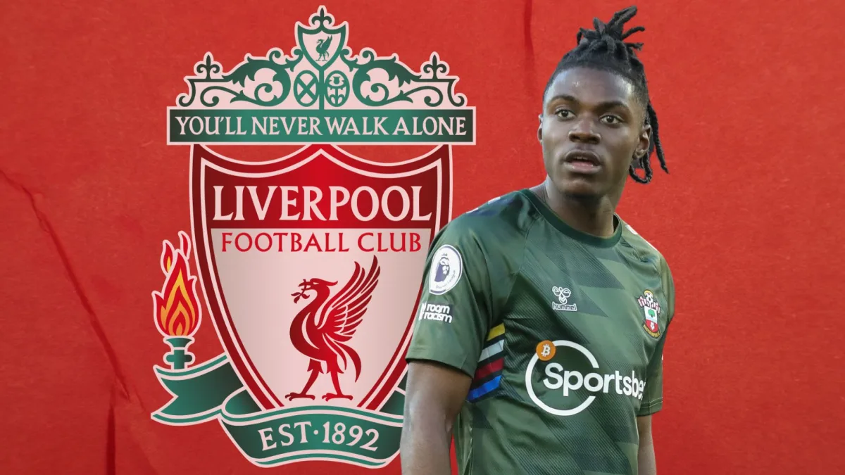Romeo Lavia and the Liverpool badge on a red abstract background