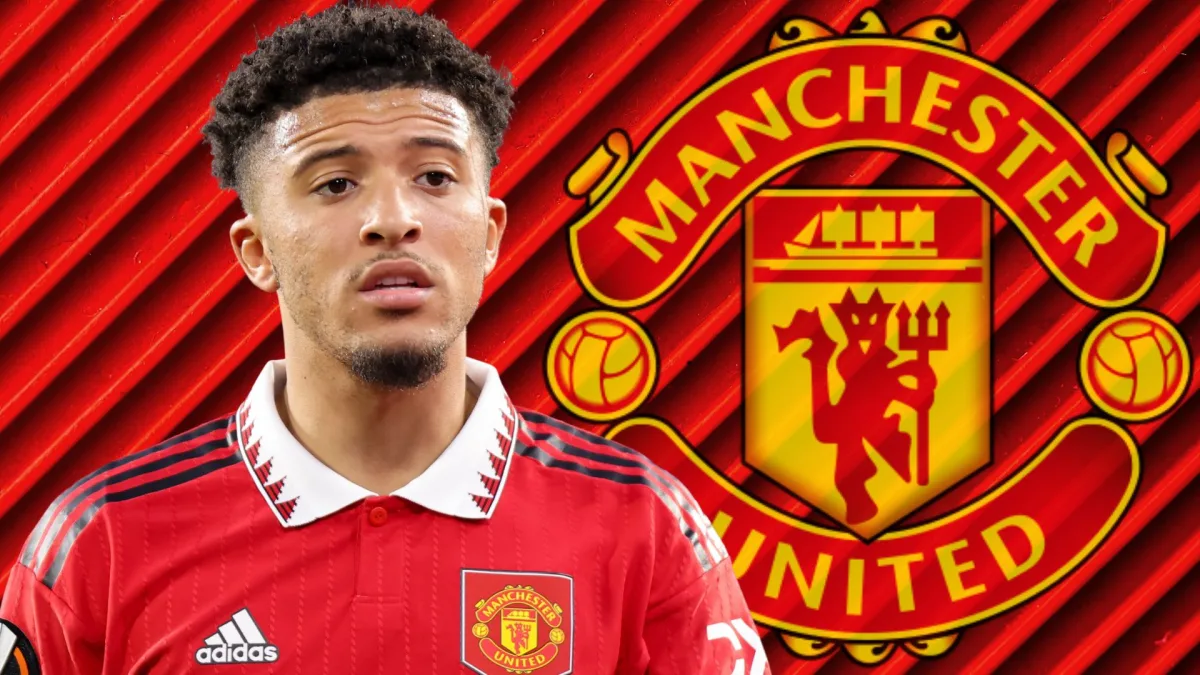Jadon Sancho and the Manchester United badge on a red abstract background