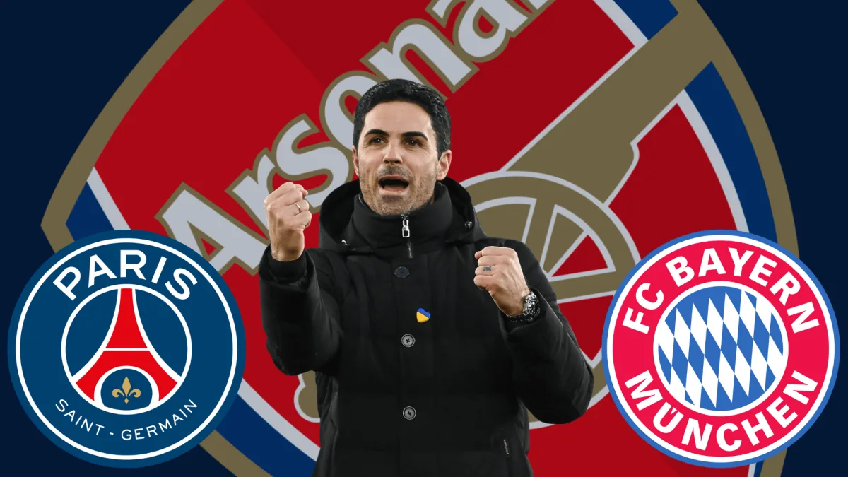 Mikel Arteta in front of the Arsenal, PSG and Bayern Munich bagdes