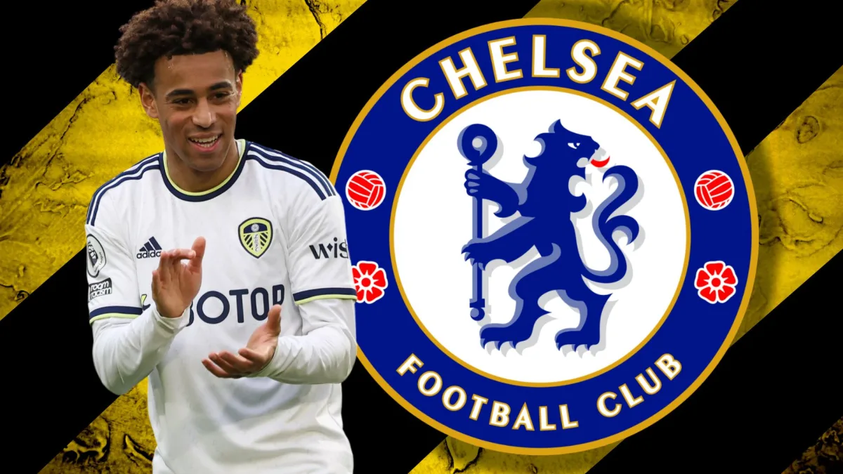 Tyler Adams and the Chelsea badge on a background of yellow and black diagonal stripes