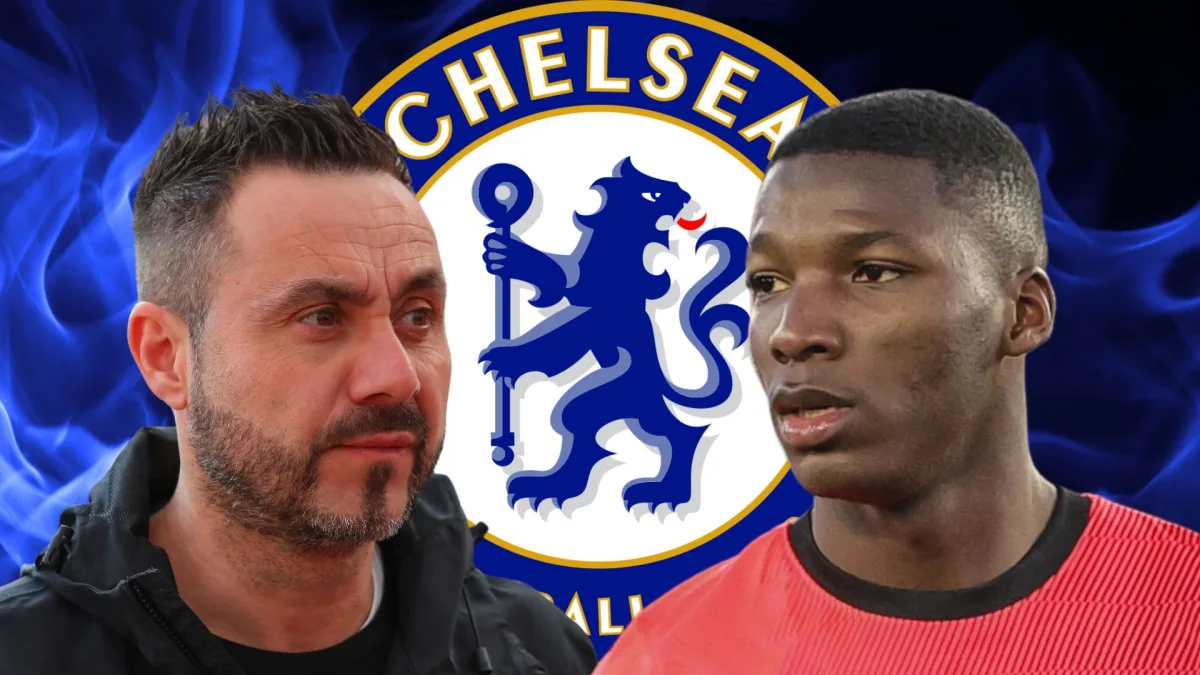 Roberto De Zerbi, Moises Caicedo and the Chelsea badge on a background of blue flames