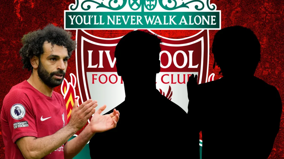 Mo Salah and silhouettes of Caoimhin Kelleher and Trent Alexander-Arnold, in front of the Liverpool badge set against an abstract red background