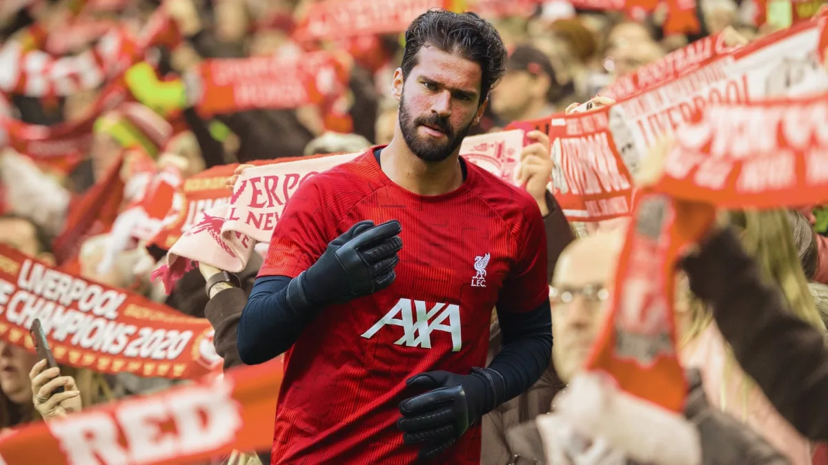 Alisson Becker warming up before Chelsea v Liverpool, 2023/24