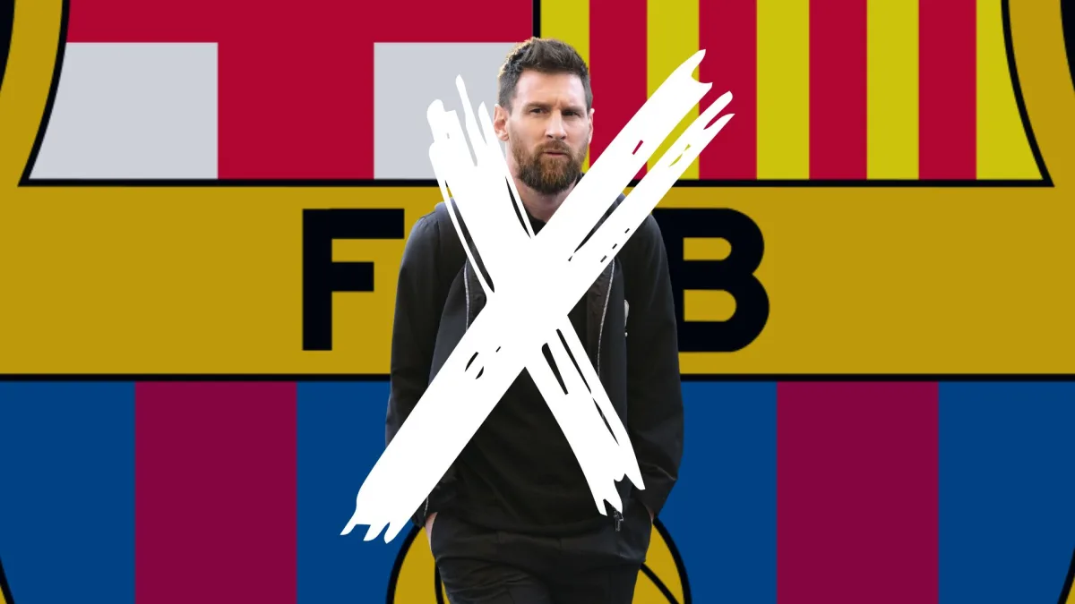 Lionel Messi, X-ed out, in front of the Barcelona badge as a background