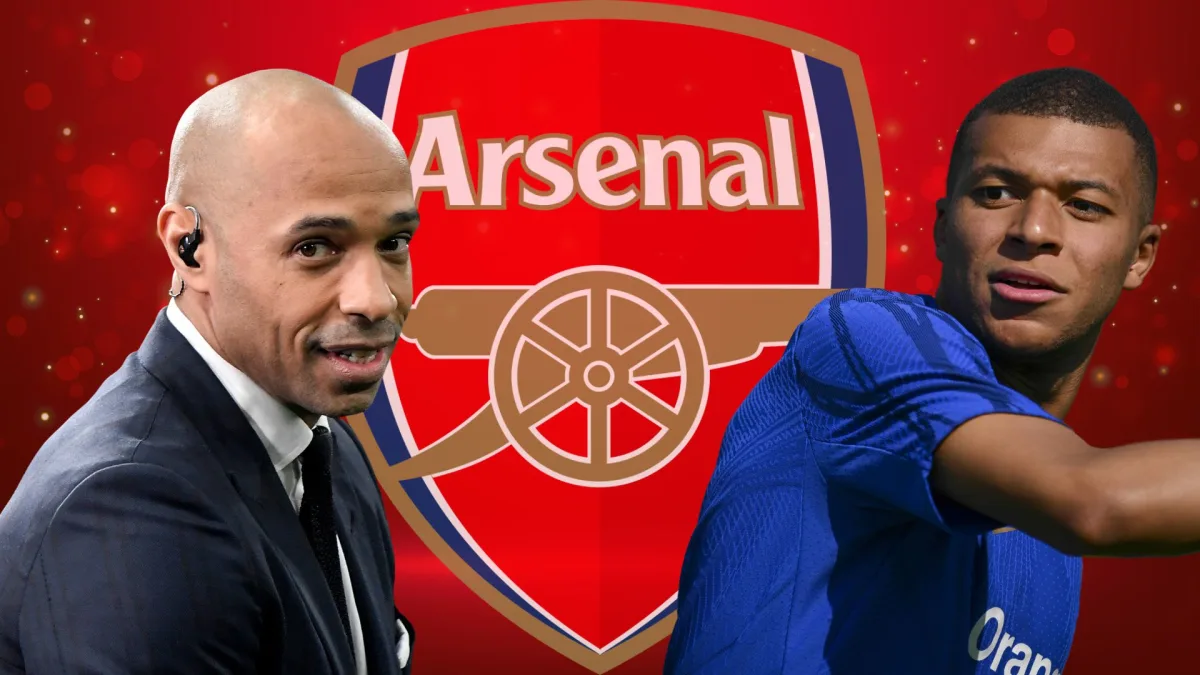 Thierry Henry, Kylian Mbappe and the Arsenal badge on a red abstract background