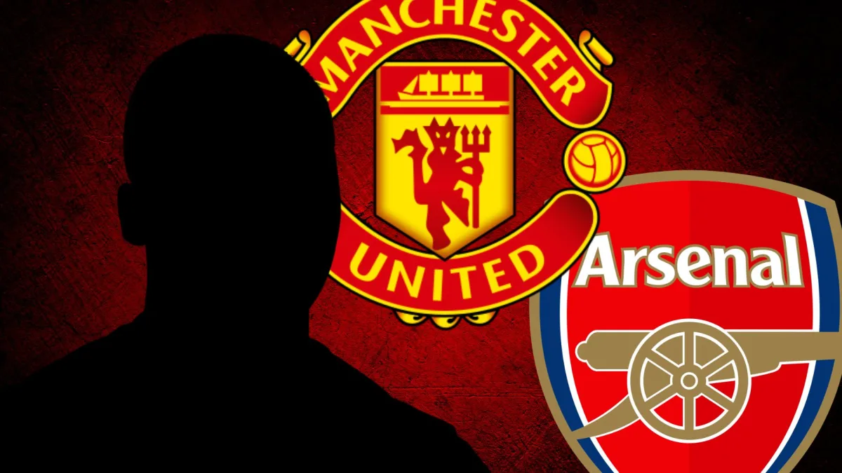 A black silhouette of Moises Caicedo with the Manchester United and Arsenal badges, set against a red and black abstract background