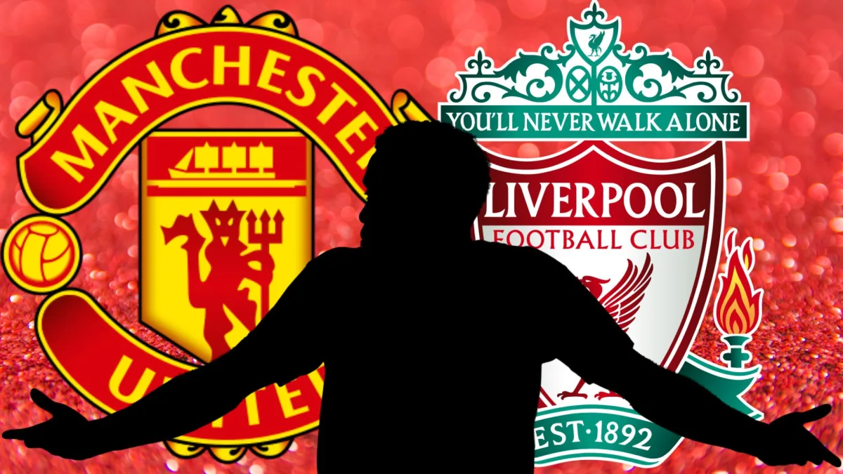 A black silhouette of Jurrien Timber in front of the Manchester United and Liverpool badges, set against a red abstract background