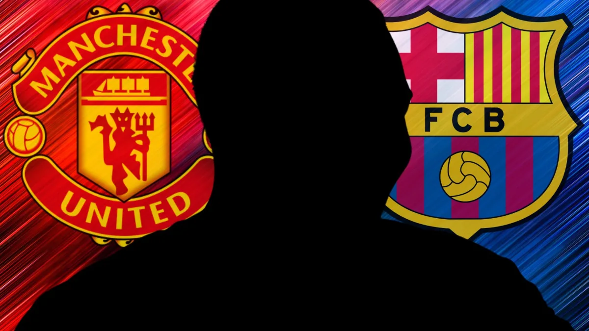 A silhouette of Vitor Roque between the Manchester United and Barcelona badges, on a red and blue abstract background