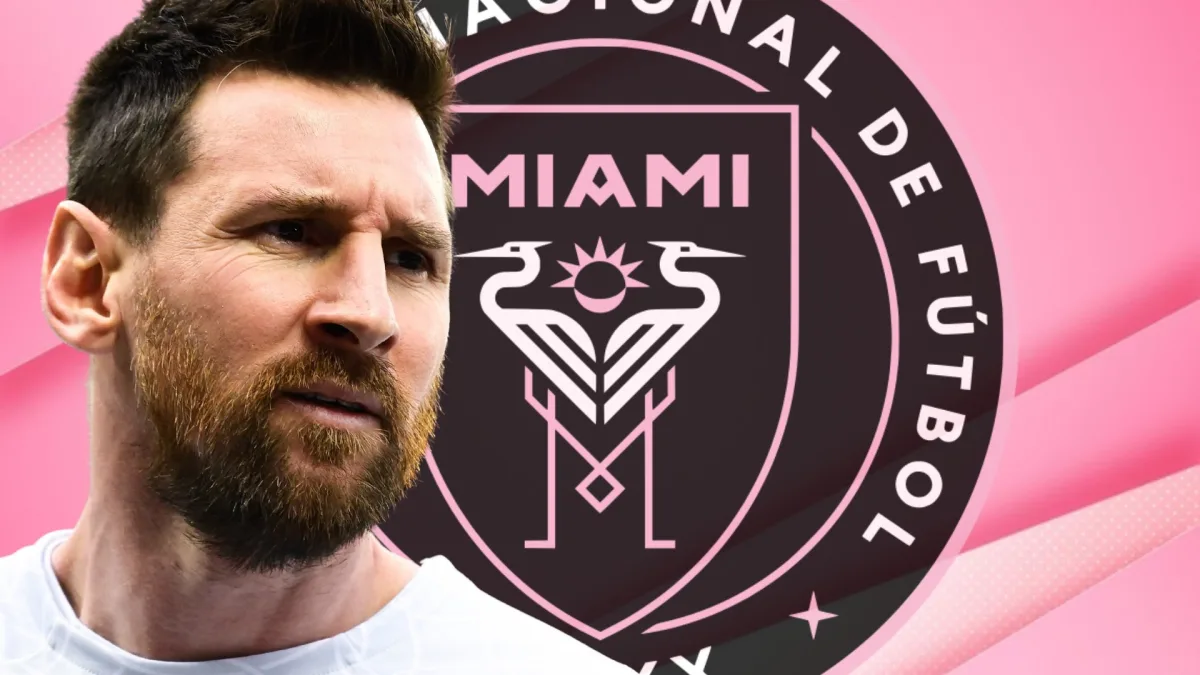 Lionel Messi and the Inter Miami badge, set against an abstract light pink background