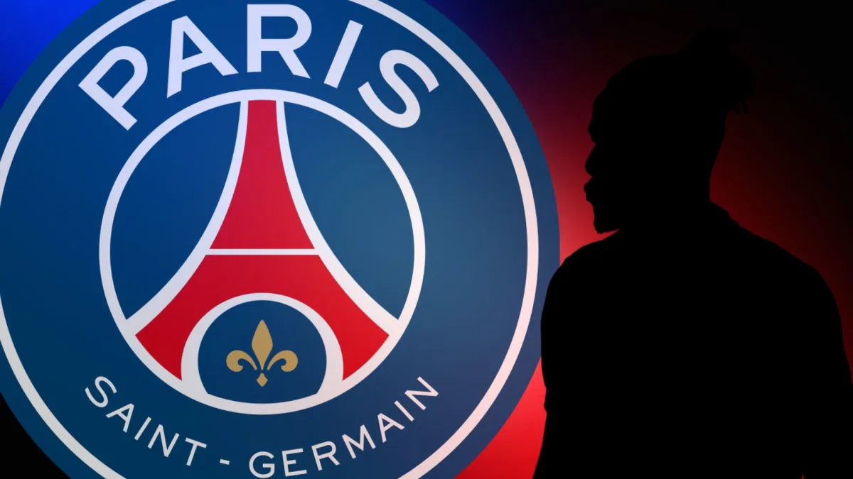 A silhouette of Wilfried Zaha next to the PSG badge, set against a red and blue abstract background