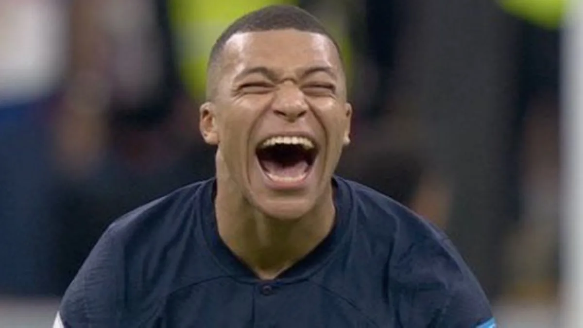 Kylian Mbappe laughing after Harry Kane's penalty miss at World Cup 2022