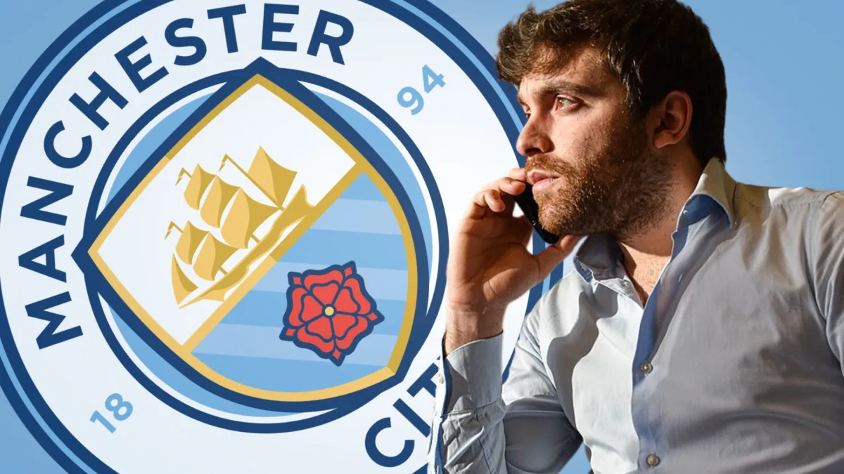 Fabrizio Romano and the Manchester City badge, set against a light blue background
