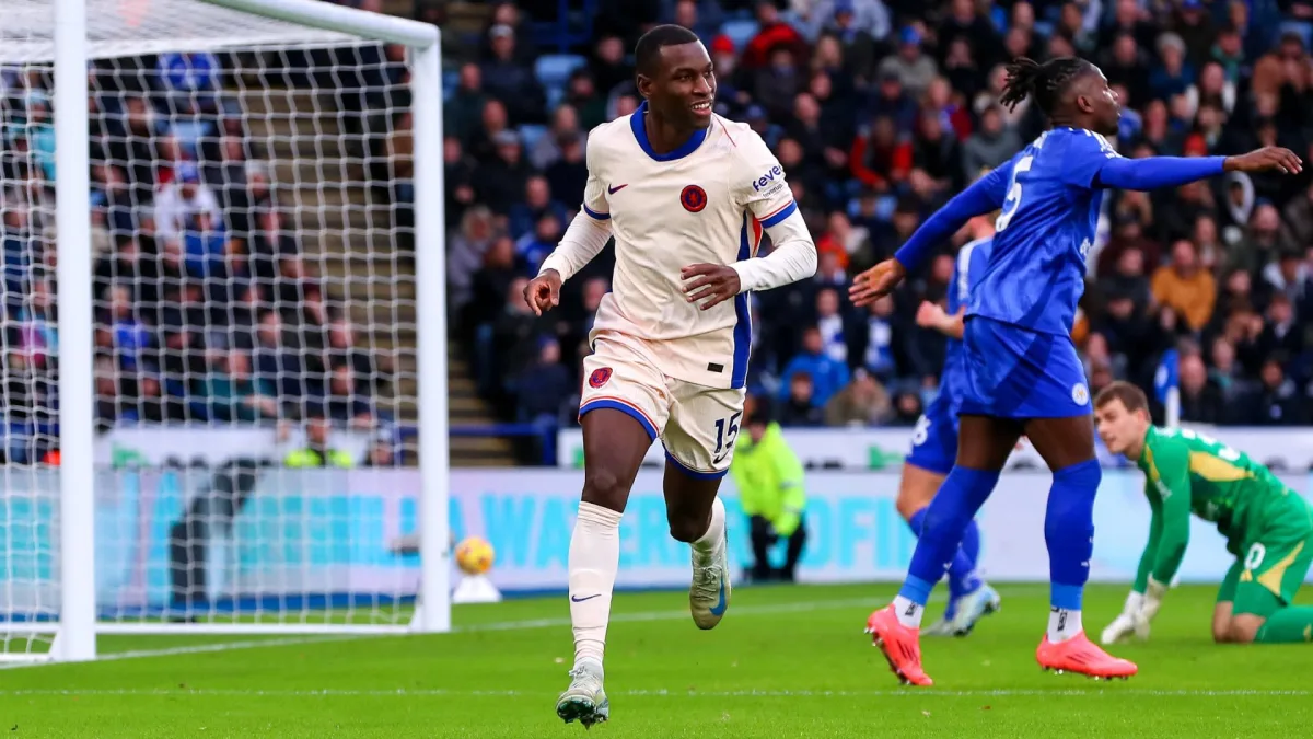 Chelsea's Nicolas Jackson celebrates scoring against Leicester City in the Premier League