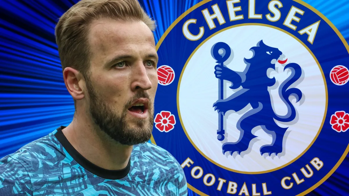 Harry Kane and the Chelsea badge, set against an abstract blue background