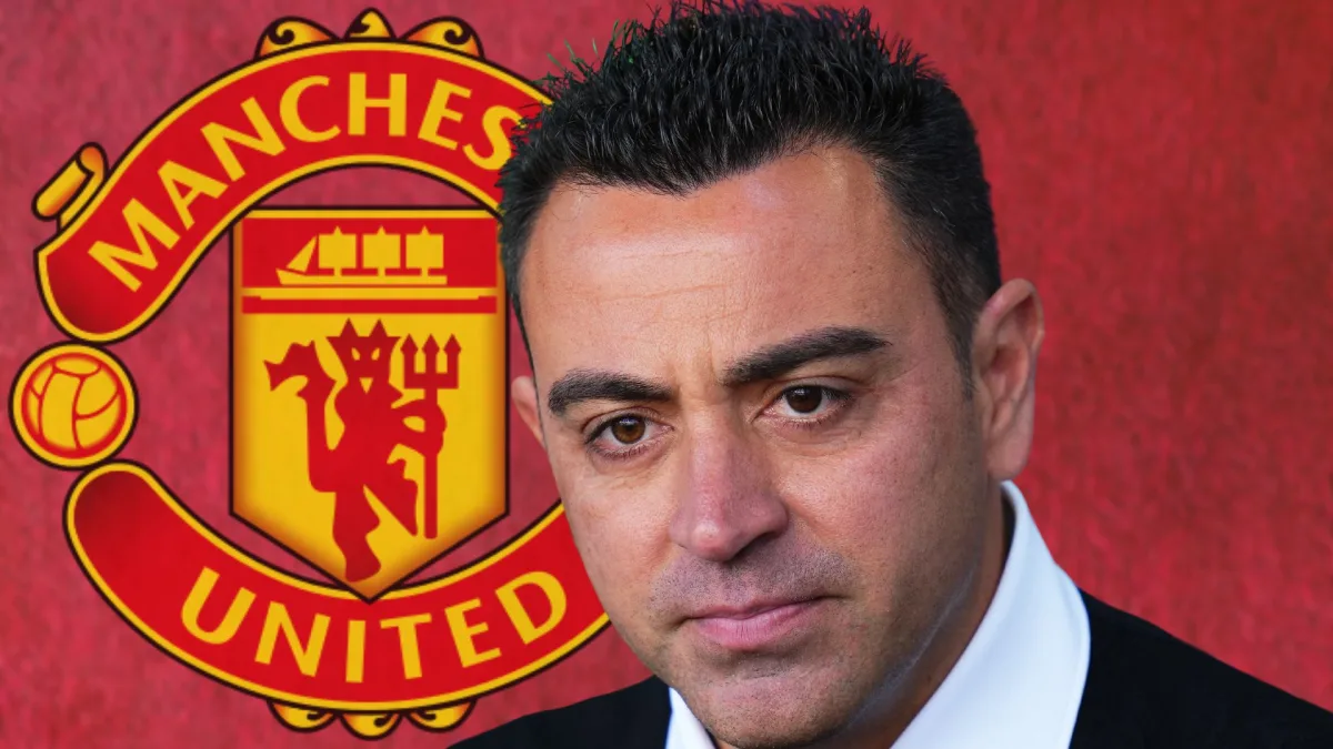 A headshot of Xavi next to the Manchester badge, set against a blurred abstract red background