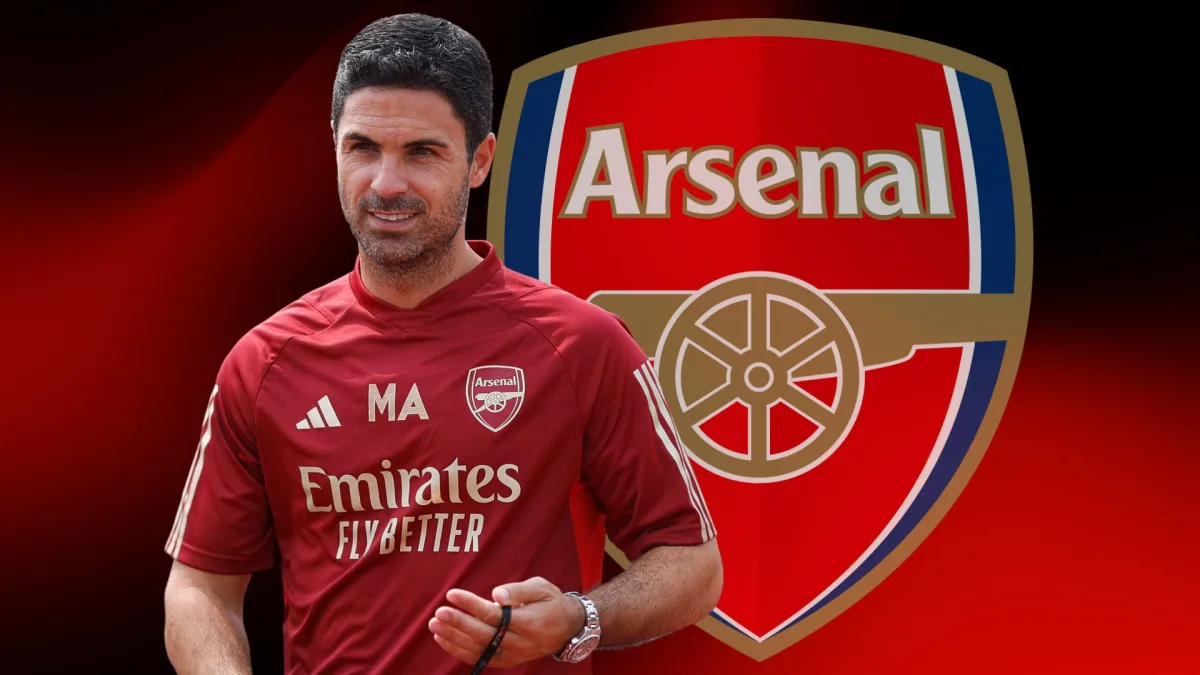 Mikel Arteta and the Arsenal badge on a red and black abstract background