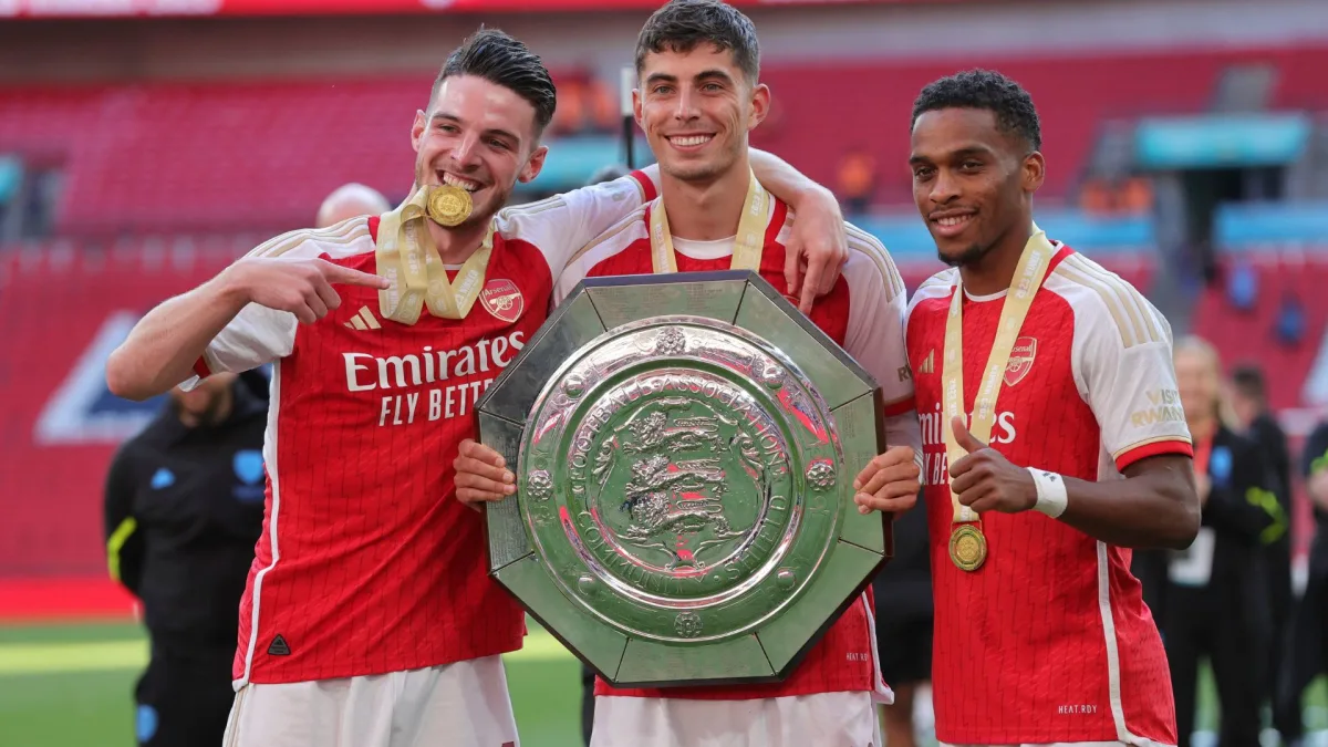 Declan Rice, Kai Havertz and Jurrien Timber of Arsenal