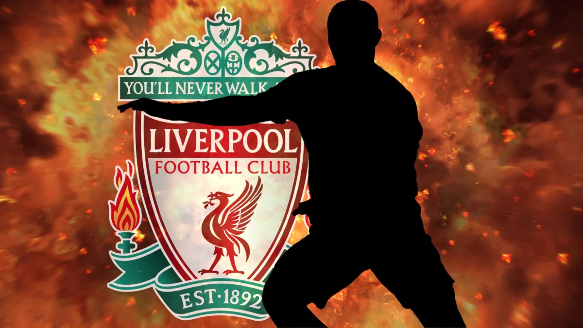 A silhouette of Thiago and the Liverpool badge on a background of an orange explosion
