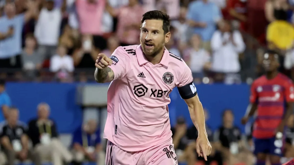 Lionel Messi celebrates scoring for Inter Miami against FC Dallas, 2023