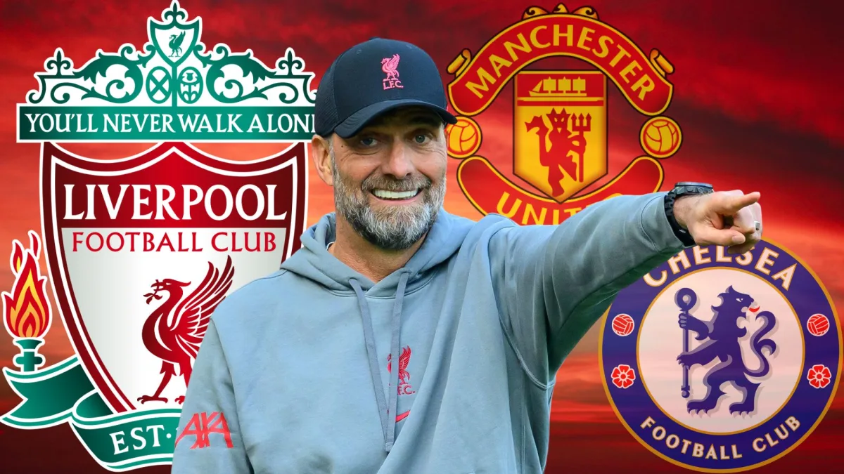 Jurgen Klopp with the Liverpool, Manchester United and Chelsea badges, set against a red sky background