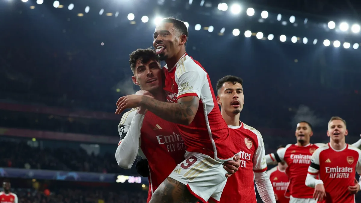 Gabriel Jesus celebrates an Arsenal goal against Lens in the Champions League (2023/24)