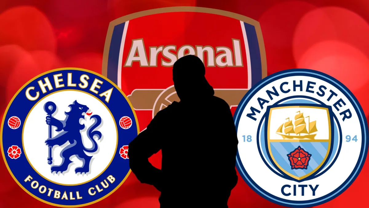A black silhouette of Ethan Nwaneri in front of the Arsenal, Chelsea and Manchester City badges, set against a red abstract background