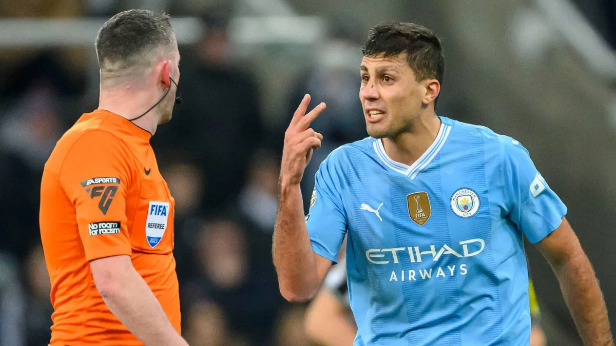 Rodri argues with a referee during Manchester City v Newcastle in the Premier League, 2023/24