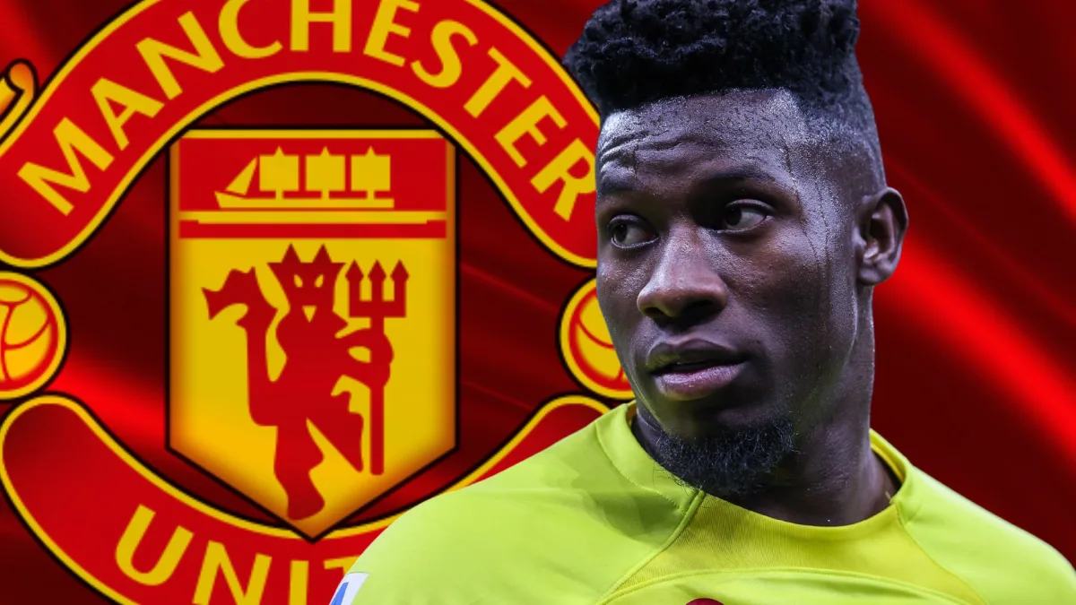 Andre Onana and the Manchester United badge on a red abstract background