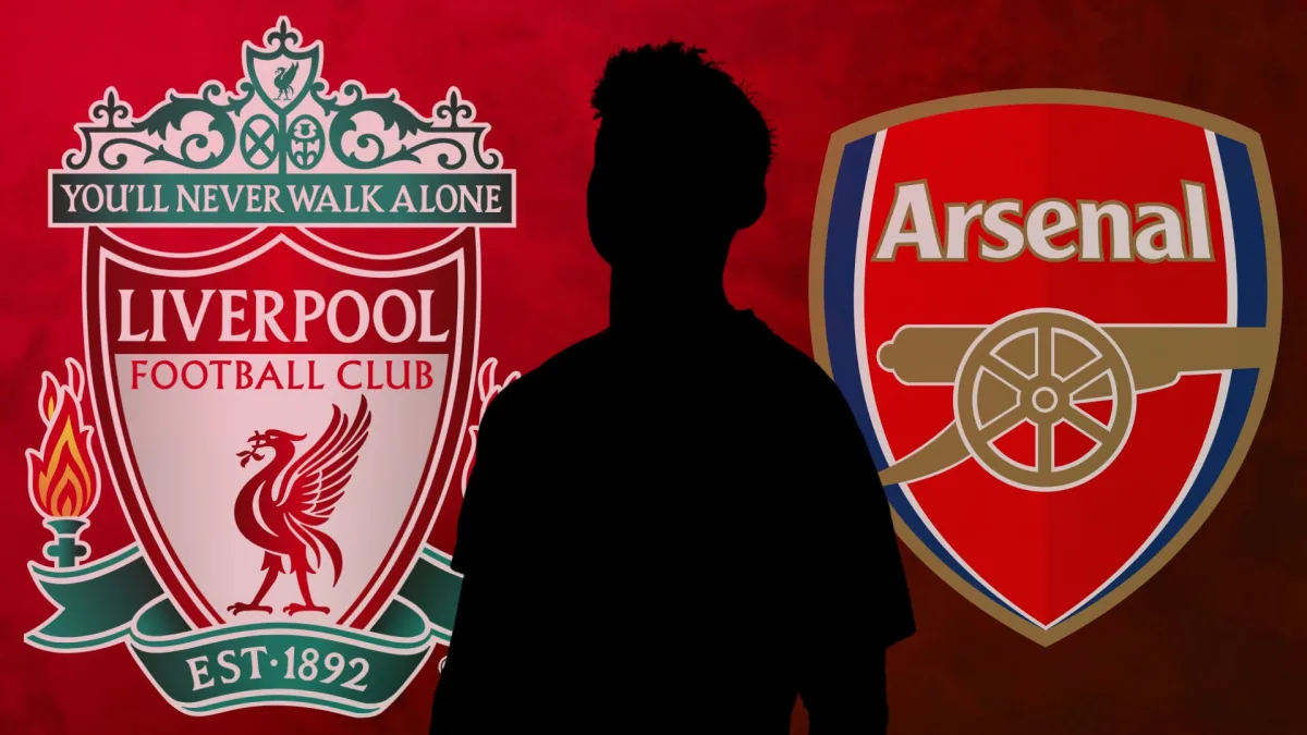 A black silhouette of Jesper Lindstrom with the Liverpool and Arsenal badges on a red abstract background