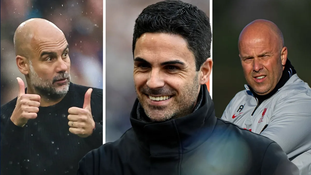 Man City manager Pep Guardiola, Arsenal boss Mikel Arteta, Liverpool coach Arne Slot