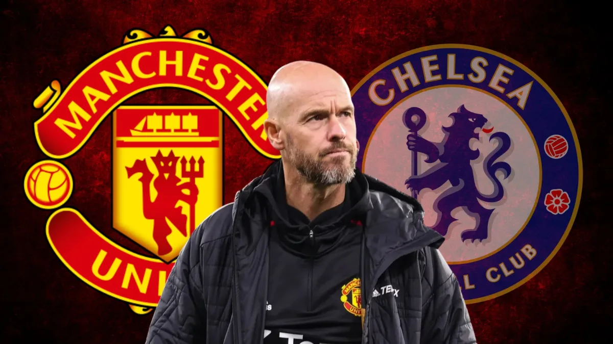 Erik ten Hag with the Manchester United and Chelsea badges, set against an abstract red and black background