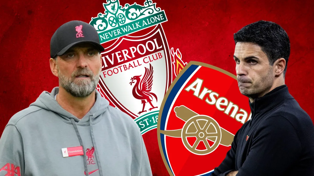 Jurgen Klopp and Mikel Arteta with the Liverpool and Arsenal badges, set against an abstract red background