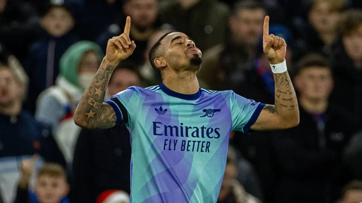 Gabriel Jesus celebrates scoring his first Premier League goal of the season for Arsenal against Crystal Palace