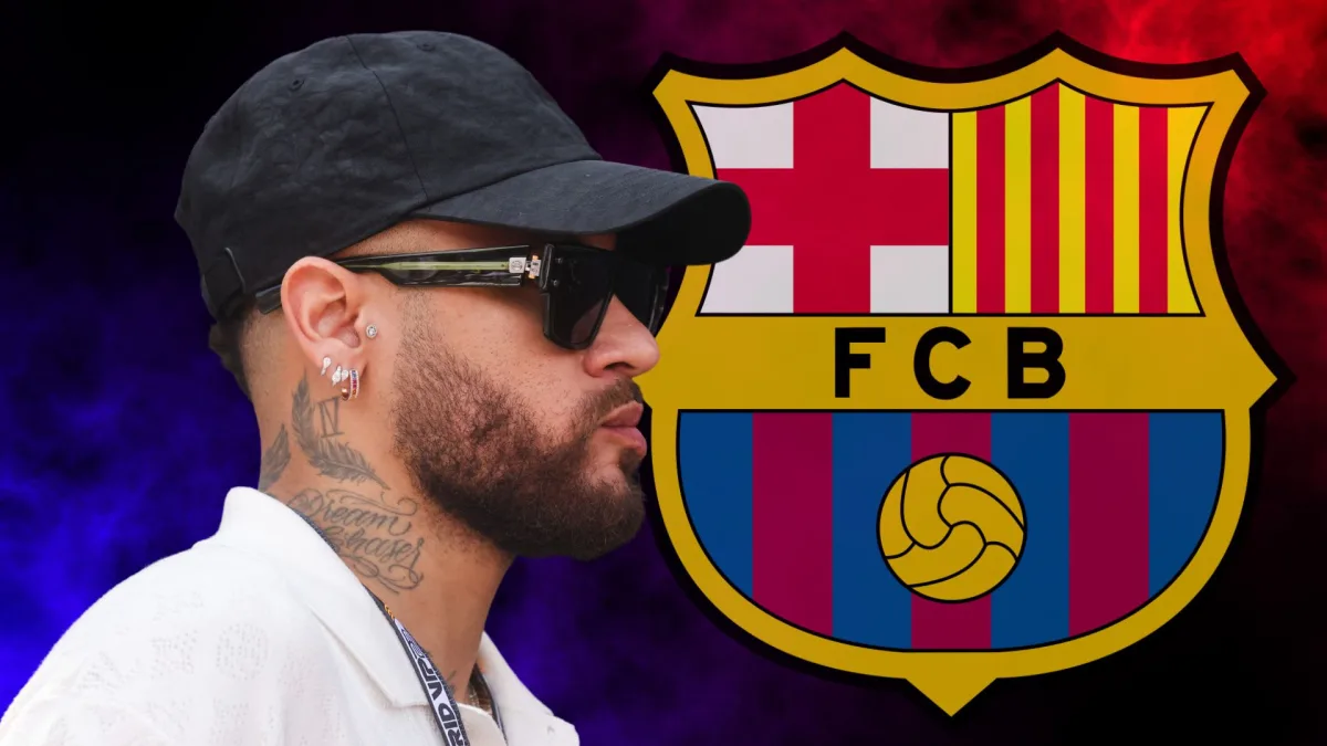 Neymar next to the Barcelona badge, set against an abstract blue and red smoky background