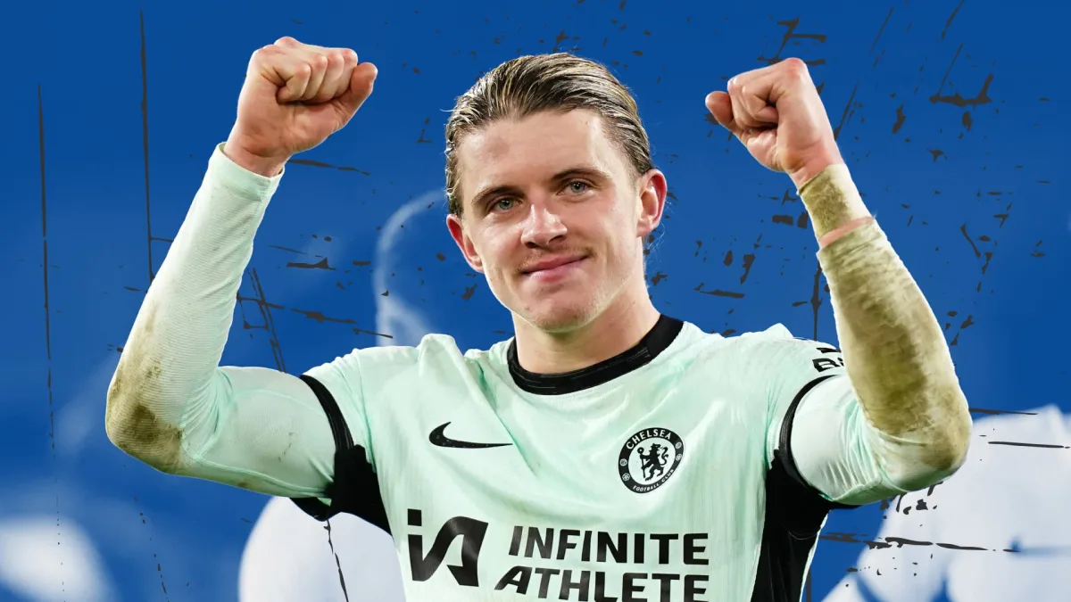 Connor Gallagher celebrates for Chelsea after scoring against Crystal Palace, 2023/24