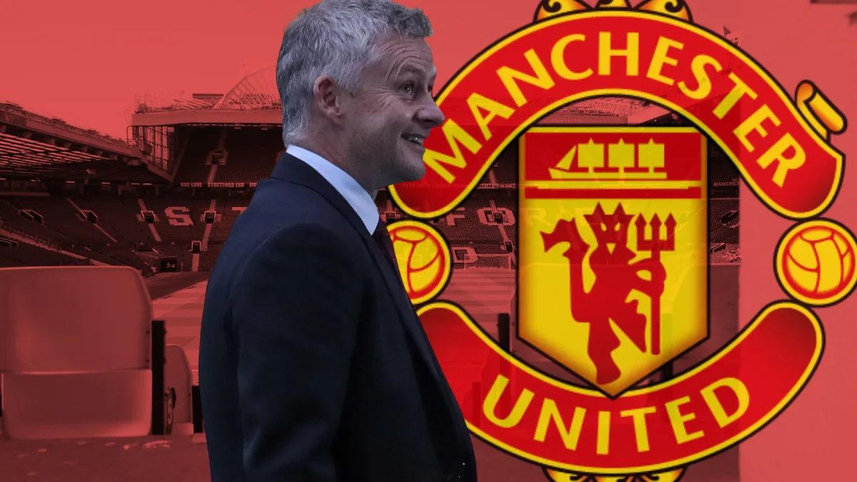 Ole Gunnar Solskjaer and the Manchester United badge, set against a panorama of Old Trafford in red