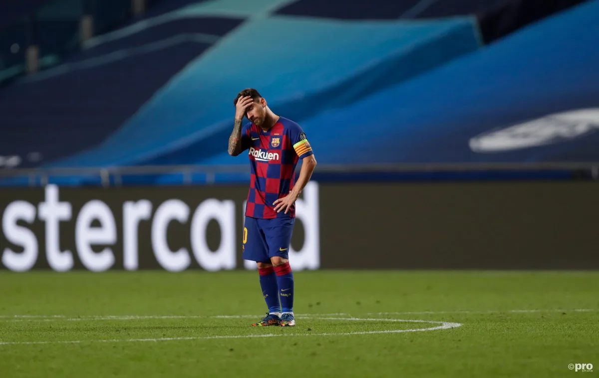 Lionel Messi reacts after Barcelona beaten 8-2 by Bayern Munich in Champions League