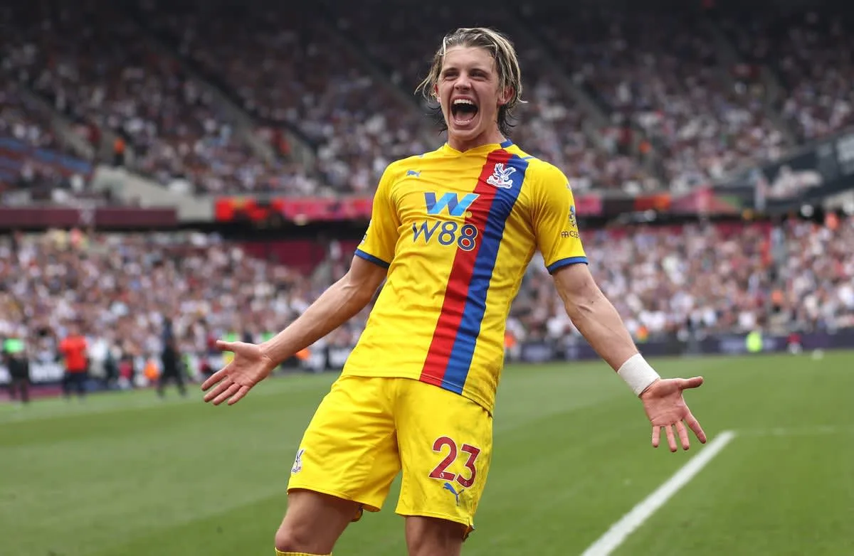 Chelsea loanee Conor Gallagher celebrates scoring for Crystal Palace against West Ham