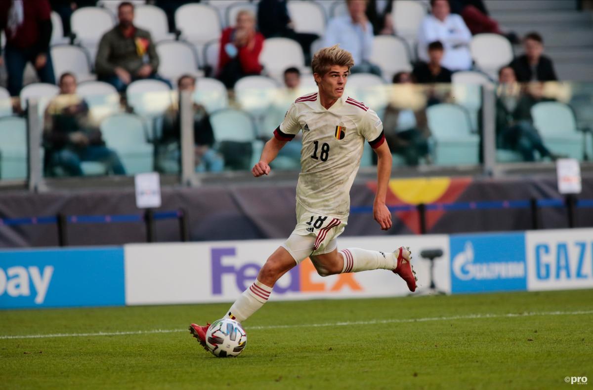 Charles De Ketelaere controls the ball going forward for Belgium in the UEFA Nations League Third Place Play-off against Italy at Allianz Stadium in 2021.