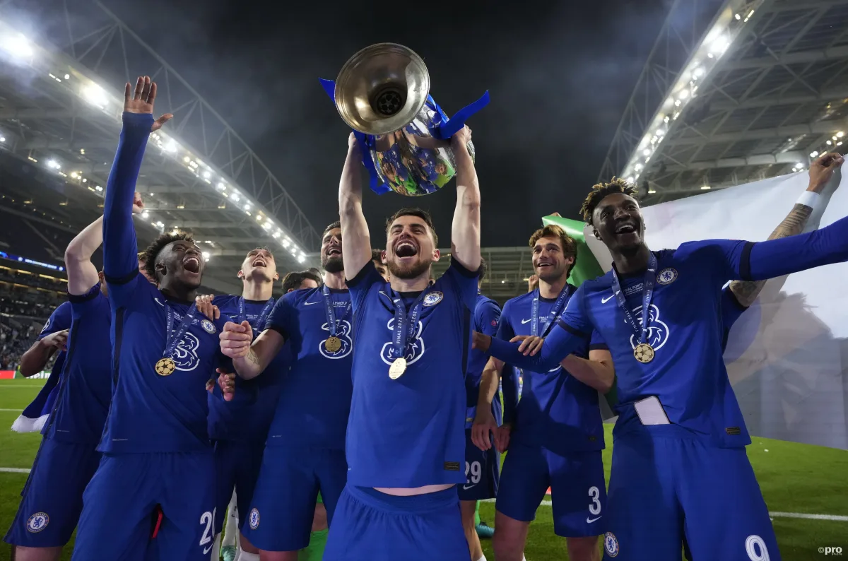 Jorginho of Chelsea holds 2021 Champions League trophy
