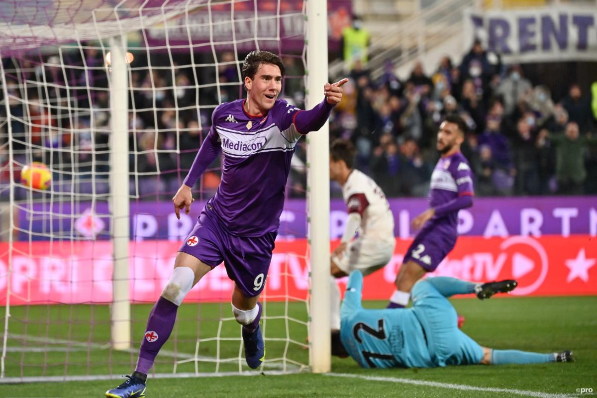 Dusan Vlahovic celebrates scoring for Fiorentina in Serie A